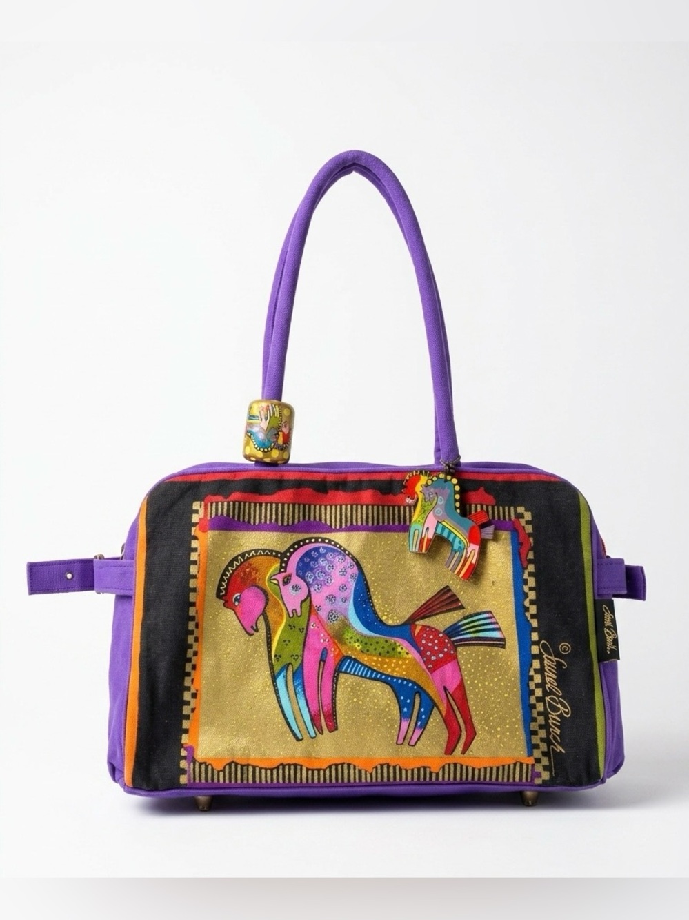 Vintage Laurel Burch Horse Tote Bag Purple Canvas Striped Wooden Charm EUC